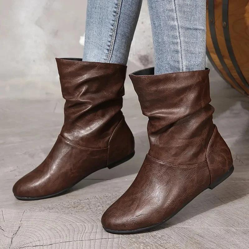 Fashion Comemore Fashion Übergröße Gestapelte Stiefeletten für Damen 2025 Herbst Winter Schlupf-Faltenstiefeletten Flache Weiche Sohle Bequemschuhe 36 kaffeebraun