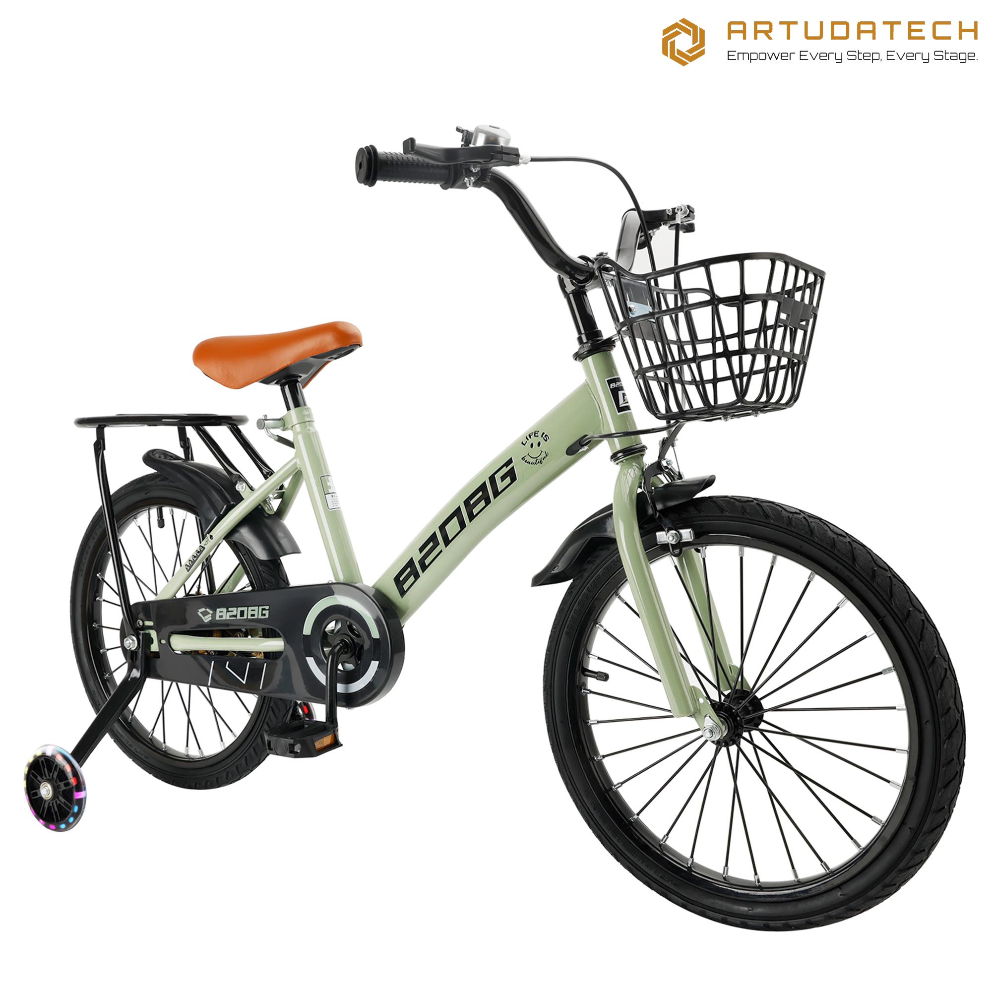 ARTUDATECH Kinderfahrrad, 18 Zoll Kinderfahrräder für Jungen Mädchen Alter 6-10 Jahre mit Beleuchtung Stützrädern, Korb, Dualbremse, Kinderfahrrad Grün
