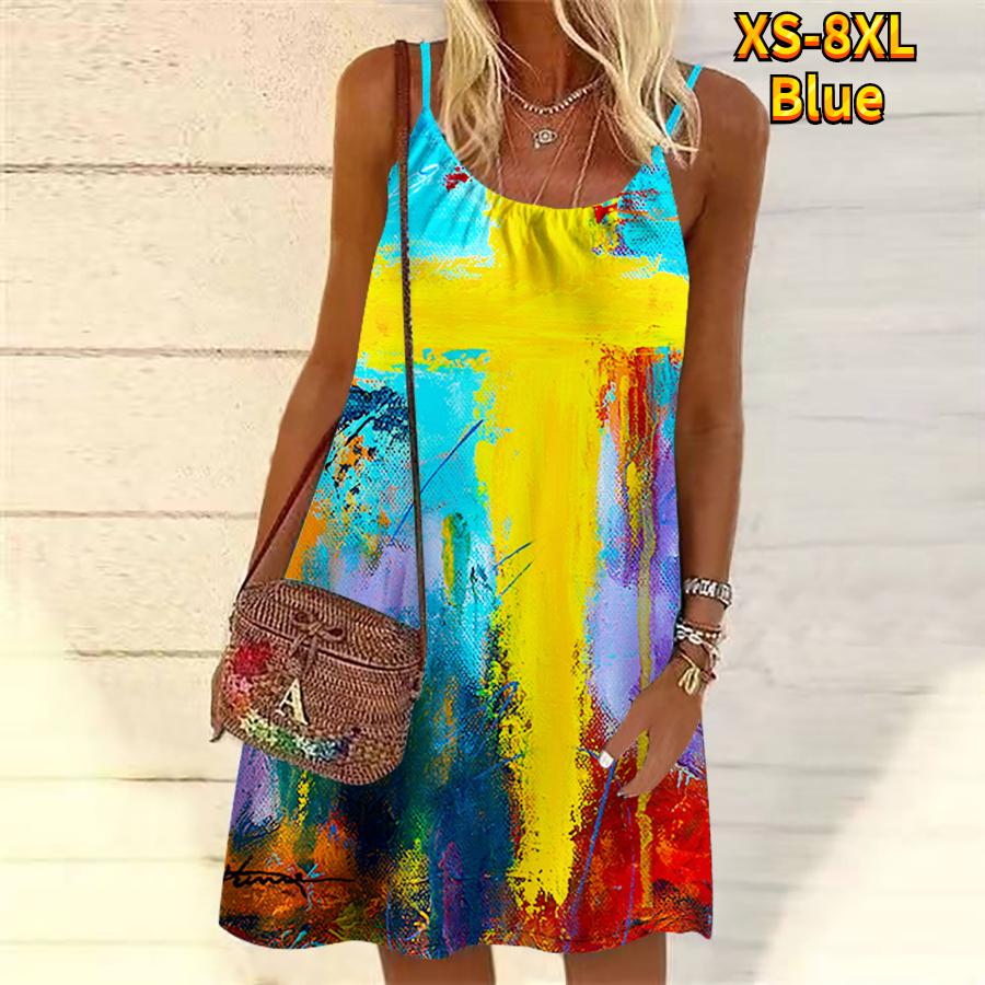 Frauen Blume Bunte Tinte Gedruckt Mini Kleid Ärmelloses Party Kleid Sommer Strand Kleid Sommerkleid 8XL blau