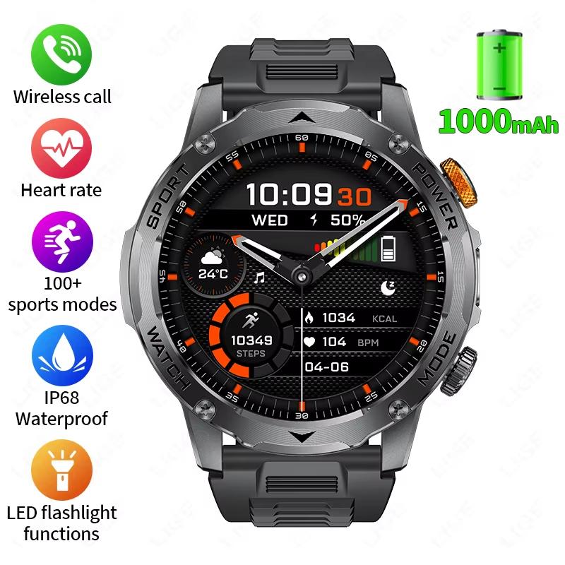 2025 Neue Militärische Edition Smartwatch Herren 1000mAh Akku 1,7-Zoll AMOLED HD Display Bluetooth Anruf Uhr Smartwatch LED Taschenlampe Silicone belt schwarz