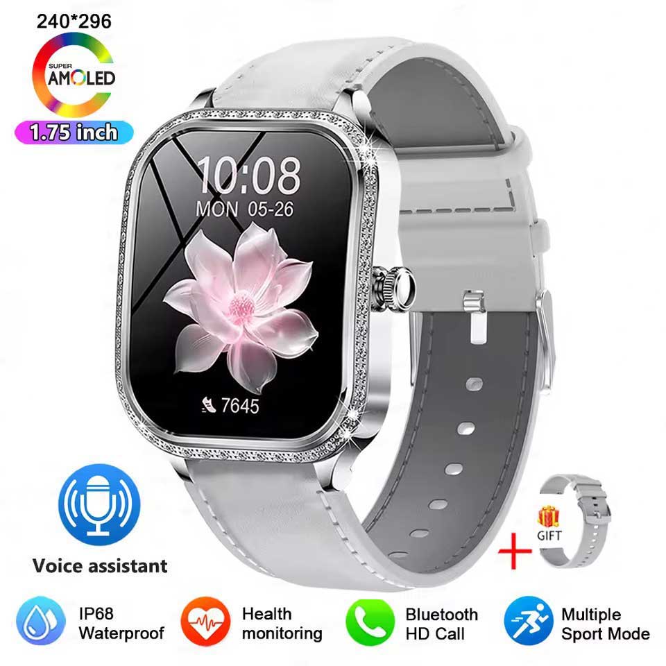 2025 Neue GPS Track Smartwatch Damen 466*466 HD Bildschirm Herzfrequenz Blutdruck BT Anruf Smartwatches Frauen Für Android IOS leather silber