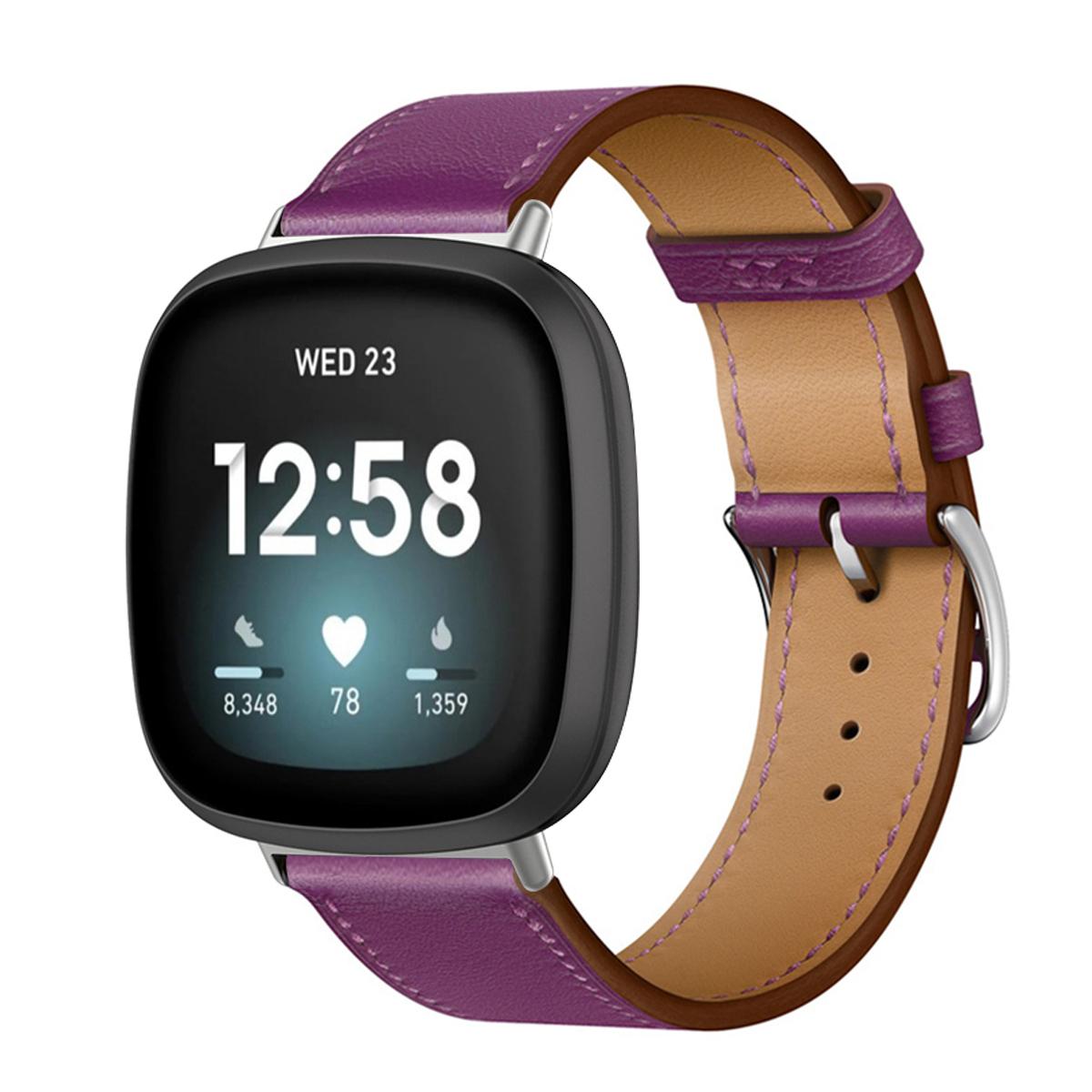 Echtes Lederarmband für Fitbit Versa 4 3 Versa Lite Armband Smartwatch Armband für Fitbit Sense 2/1/Versa 2 1 Correa Uhrenarmband Dornschließe For Fibit Sense 2 violett