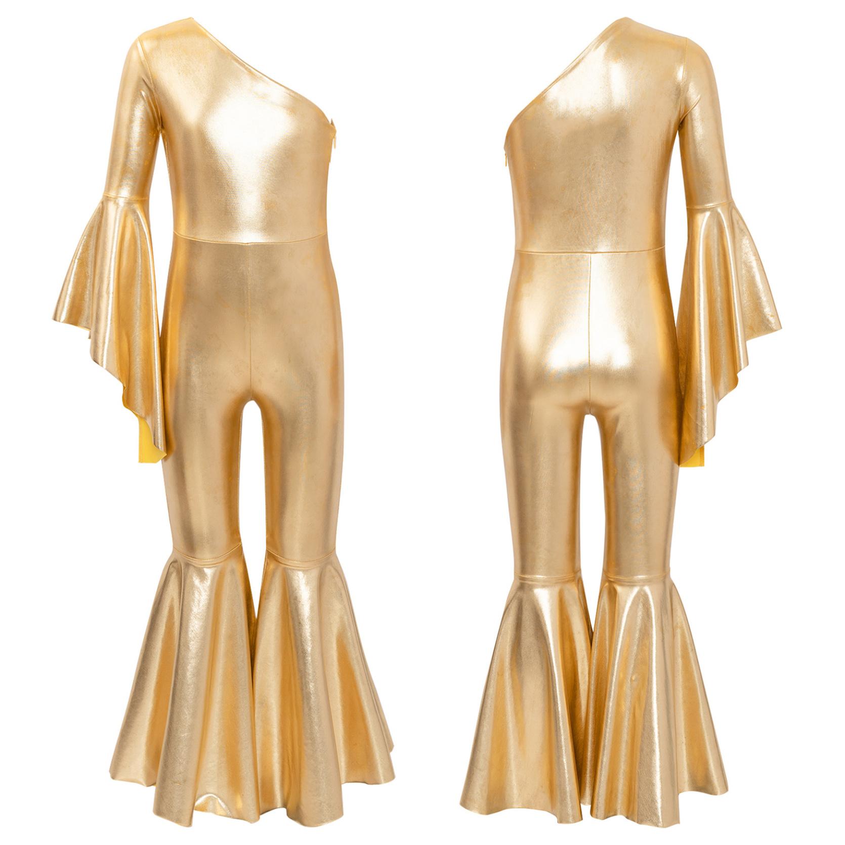 Kinder Mädchen Metallic Shiny Bell-Bottom Dance Overall Mode Eine Schulter Flare Hülse Body Karneval Motto Party 11-12 Years gold