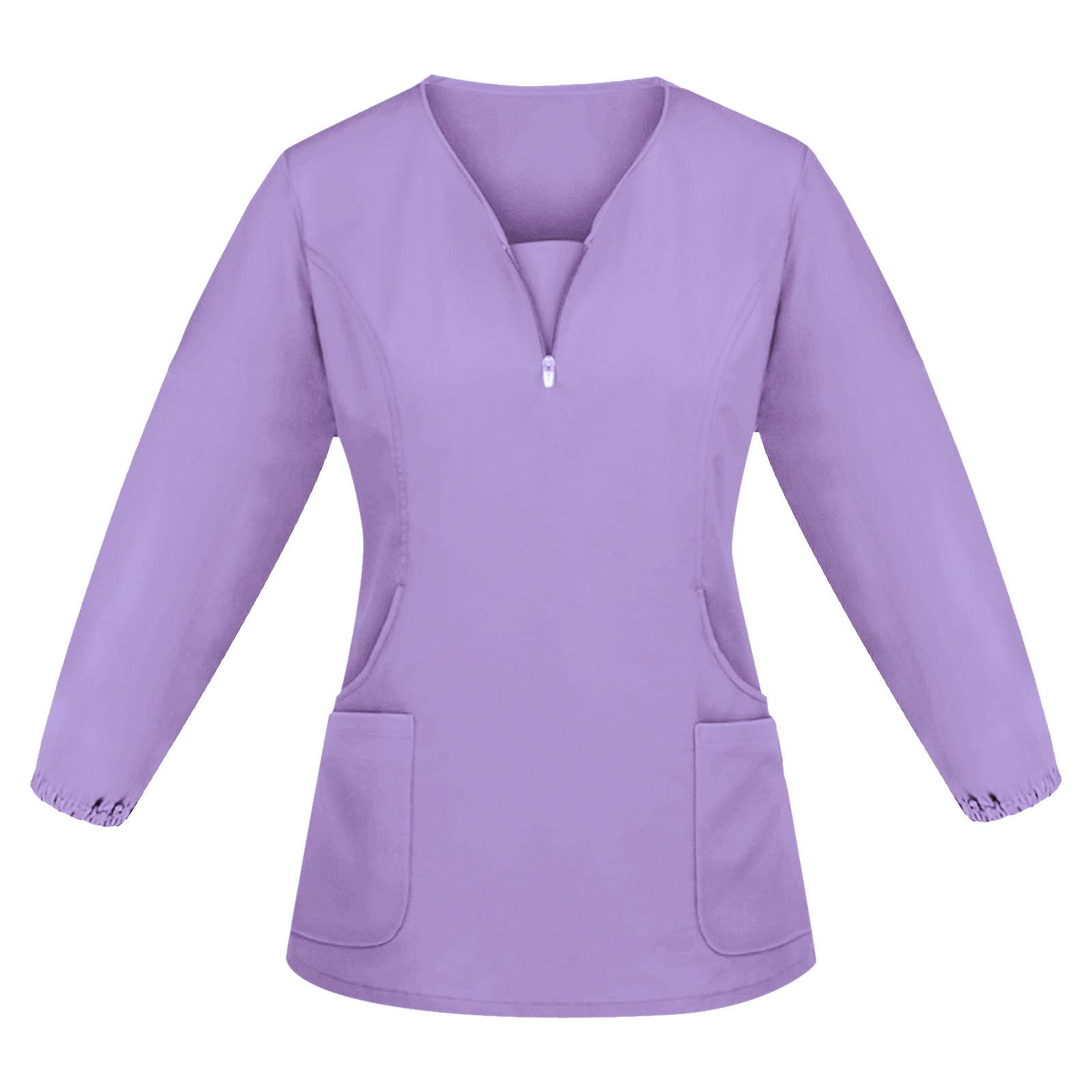 Hochwertige Unisex-Krankenhaus-Arbeitskleidung mit langen Ärmeln, Stretch-Peeling-Top, Krankenschwesteruniform mit V-Ausschnitt und Tasche L licht lila