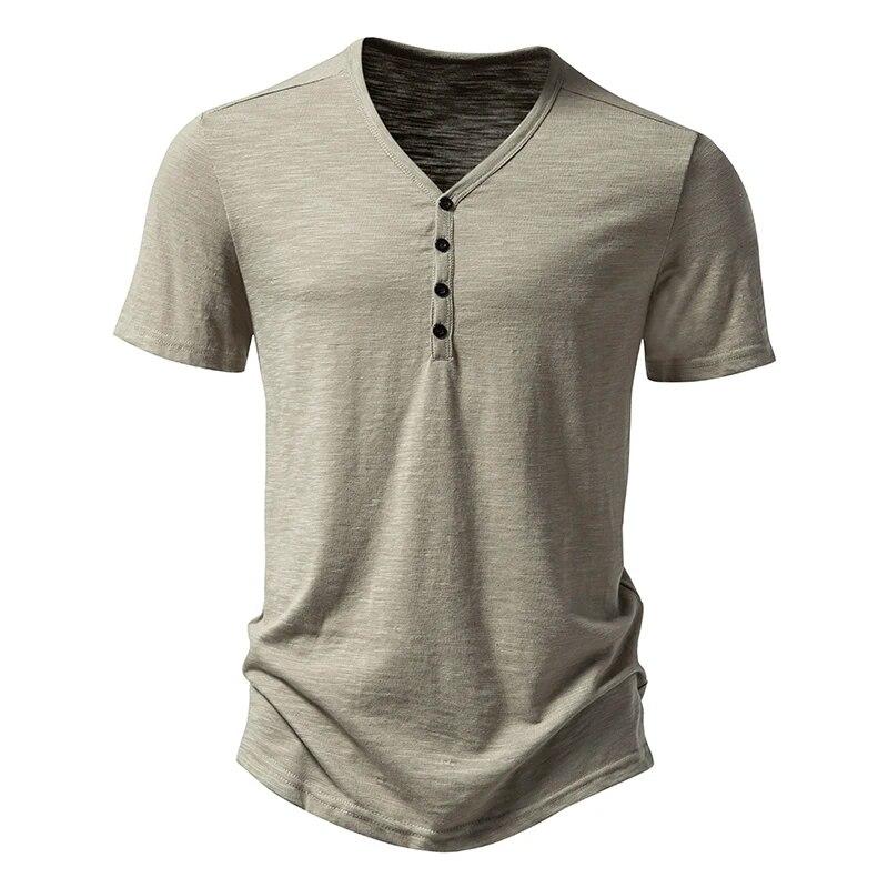 Herren T-Shirts mit Knopfleiste, V-Ausschnitt, kurzärmelig, lässig, einfarbig, Basic-T-Shirts L khaki