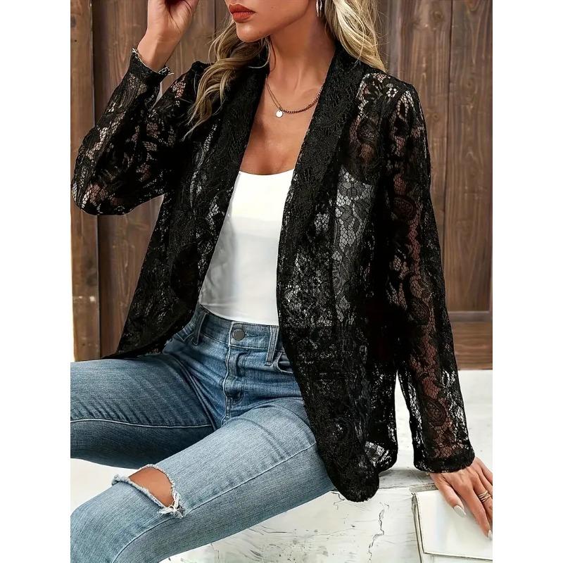 Großes, oben offenes Sakko mit Blumenmuster, elegante Langarmjacke für Sommer und Frühling, Damenkleidung in Übergröße 2XL schwarz