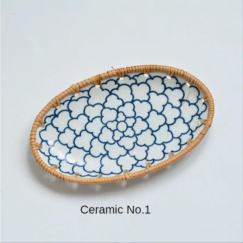 Neues japanisches Geschirr, aus Rattan gewebter Obstteller, Trockenobstschale, Kuchen, Süßigkeiten, Snacks, Keramikkorb, Spezialteller, Spezialteller gray
