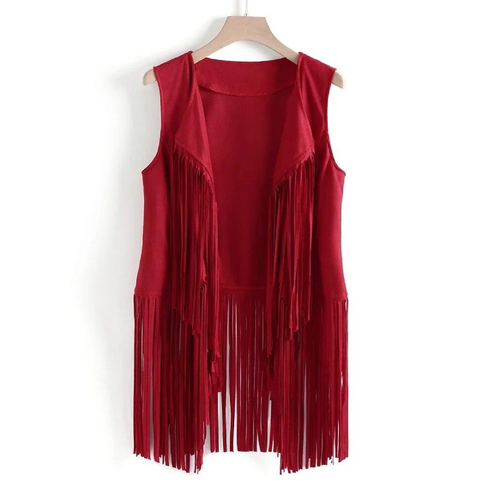 Damen Vintage Faux Wildleder Ethno Ärmellose Jacke Lange Fransen 70er Jahre Hippie Cardigan Jacke Disco Prom Party Weste Jacke XXL rot