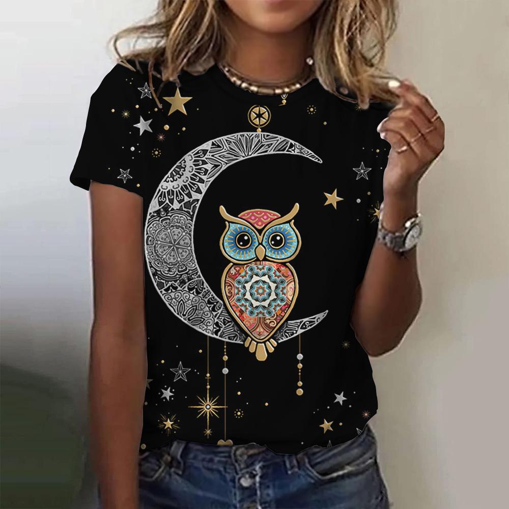 Damen Kurzarm T-Shirt mit 3D-Grafikdruck und niedlicher Eule, modischer Tierdruck, Rundhalsausschnitt, übergroße Damenkleidung, Damenoberteil XL