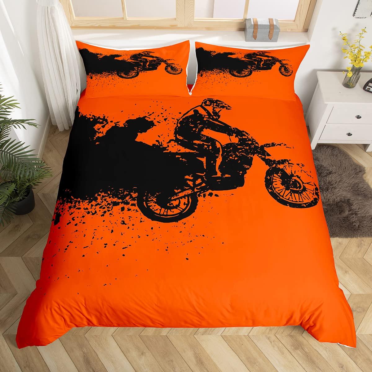 Dirtbike-Bettbezug, Twin, Motocross-Fahrer-Bettbezug, Extremsport-Bettwäscheset, cooles Motorrad-Bettwäscheset für Jungen und Erwachsene US King(264x228cm)