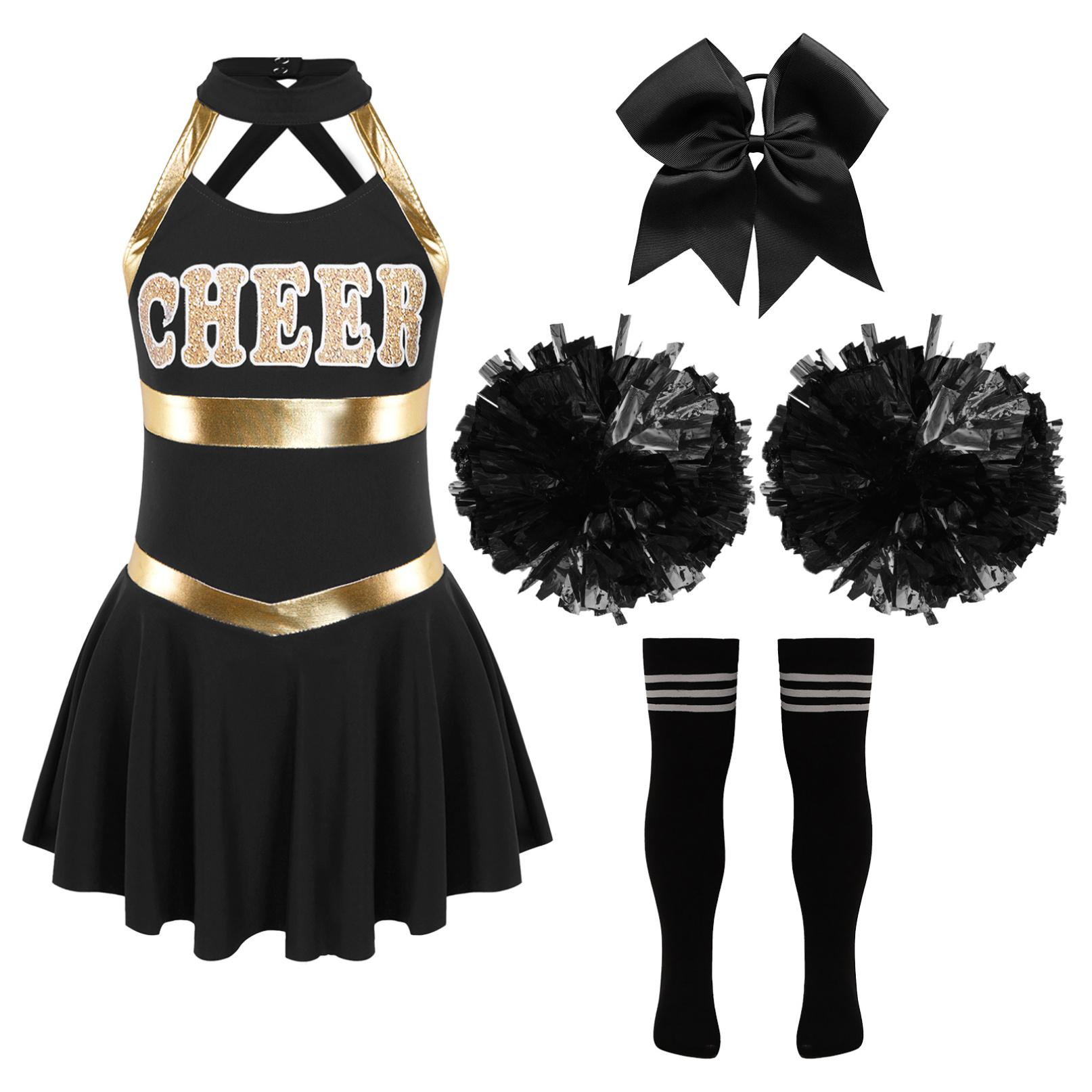 Mädchen Cheer Leader Halloween Performance Uniform Kostüm High School Ärmelloses Kleid Cheerleading Outfit 9-10 Years schwarz