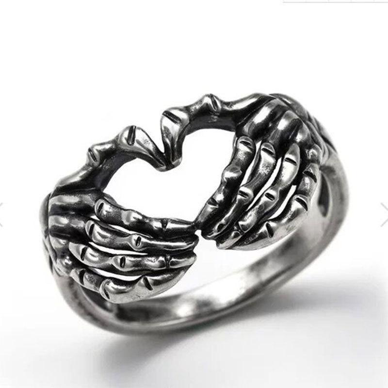 Vintage Punk Totenkopf Hand mit herzförmigem Ring für Männer Frauen Hip Hop Gothic Skelett Hand Ring Zubehör Schmuck Geschenke resizable
