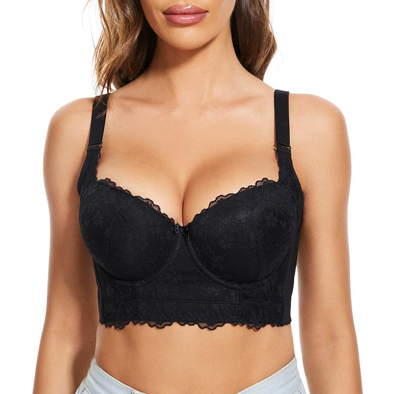 Push-up-BH, sexy Spitzen-BHs, Bustier für Frauen, solides Korsett-Top, gepolsterter Bügel-Büstenhalter, große Damen-Dessous 36C schwarz