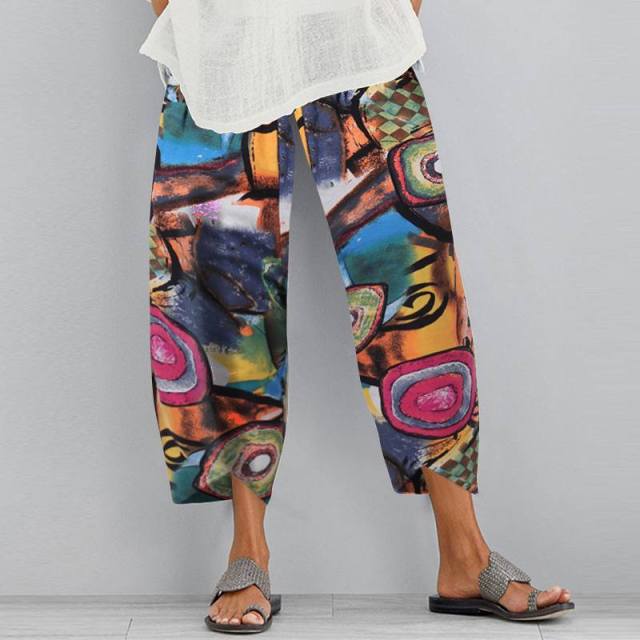 Frauen Vintage Harem Hosen Blumen Druck Elastische Taille Plus Größe Lose Hosen Baumwolle Leinen Breite Bein Hose Lose Sommer Hosen L bunt