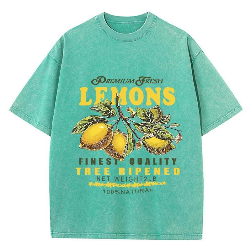 Baumwolle Damen Acid Wash T-Shirts Premium Fresh Lemons Druck Tees Distressed Oversize O-Ausschnitt Kurzarm Damenkleidung M