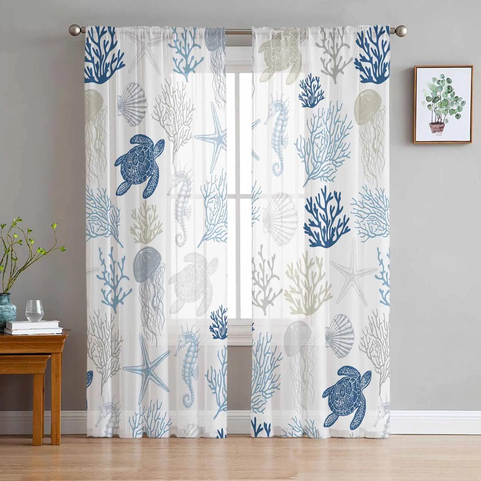 Ozean Strand Seestern Muschel Gardinen für Schlafzimmer Wohnzimmer Dekoration Fenster Vorhang Küche Tüll Voile Organza Vorhänge W135 x H185cm x1&Rod Pocket