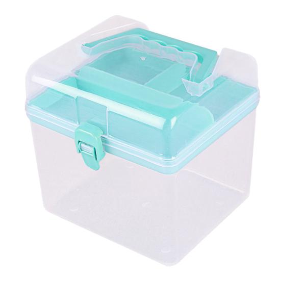 Durchsichtige Aufbewahrungsbox mit herausnehmbarem Tablett mit 3 Fächern, doppellagig, tragbarer Griff, Mehrzweck-Spielzeug, Schmuck, Schreibwaren, Make-up-Organizer blau