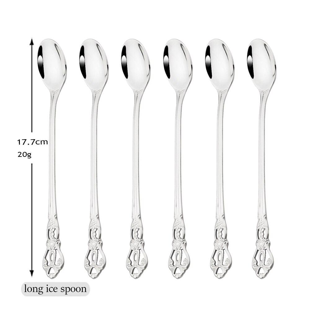 6-teiliges buntes Besteck-Set mit langem Griff, Edelstahl, Rührlöffel, Rührbesteck, Dessert, Kaffee, Eislöffel, Küchengeschirr-Set silber