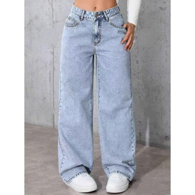 Damen Jeans mit hoher Taille und geradem Bein, Lockere Jeans mit weitem Bein, Hellblaue Acid Wash Stretch Jeans mit Taschen, Lässige Bürohosen L hellblaue