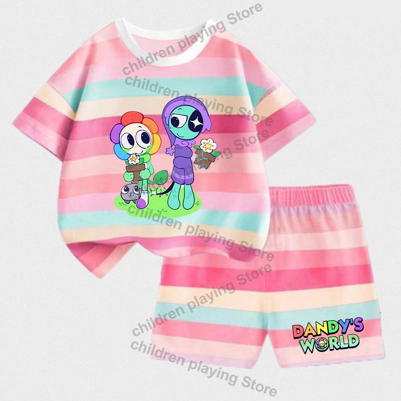Dandys World Kinder Streifen Sets Sommer Mädchen Jungen T-Shirt Shorts Anzüge Kawaii Druck Lässige Sportkleidung Kinder Nachtwäsche Geschenke 120