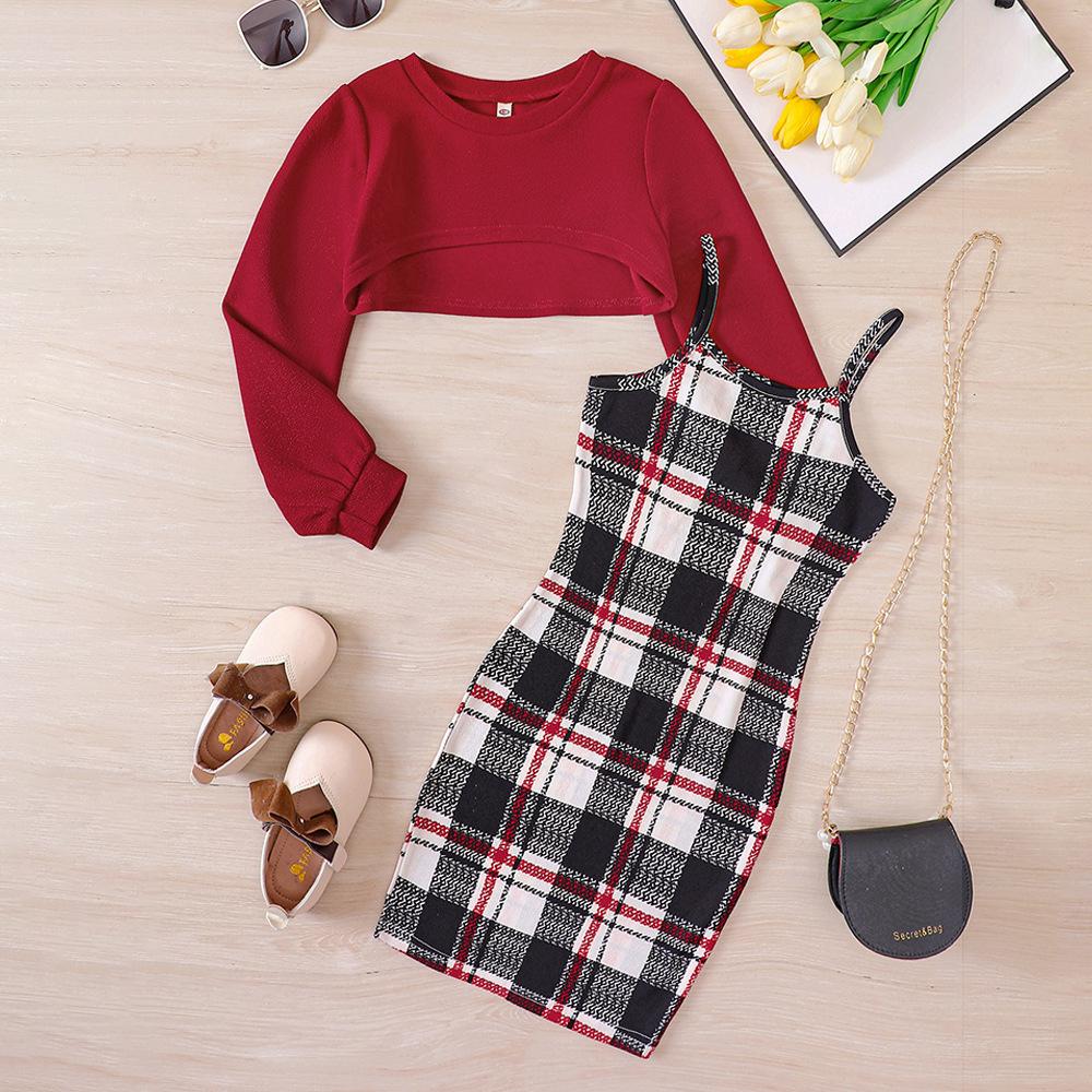 7-12 Jahre Teenager-Kleidung Mädchen Kleid Sets Kurzer Top Mantel und karierte Hüfte Kinder Kleider für Teenager Mädchen Teenager Kleid 10-11Y gray