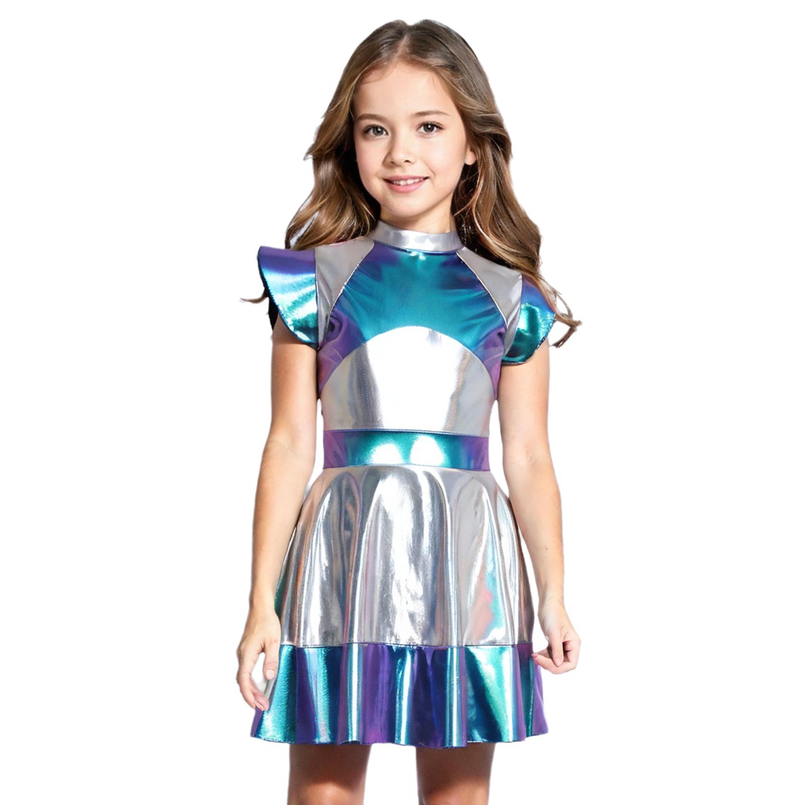 Kinder Mädchen glänzend metallisch Weltraum Cutie Kostüm Halloween Alien Fancy Cosplay Kostüm Flügelärmelchen Kleid Roly Play Kleidung 7-8 Years blau