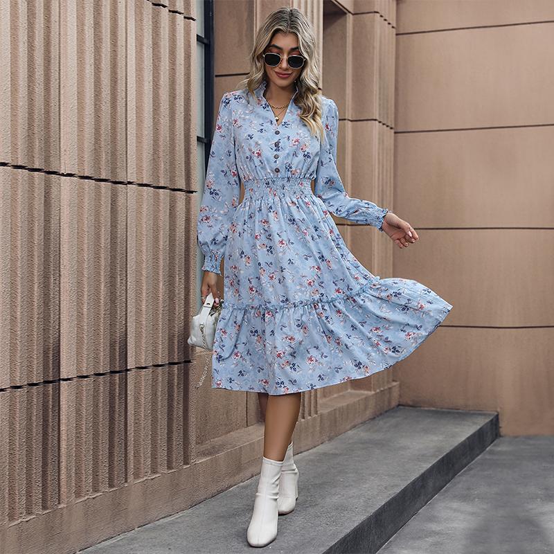 YYFS Damenmode Frühling Herbst Blumenmuster Druck Langarm V-Ausschnitt Freizeitkleider S hellblaue