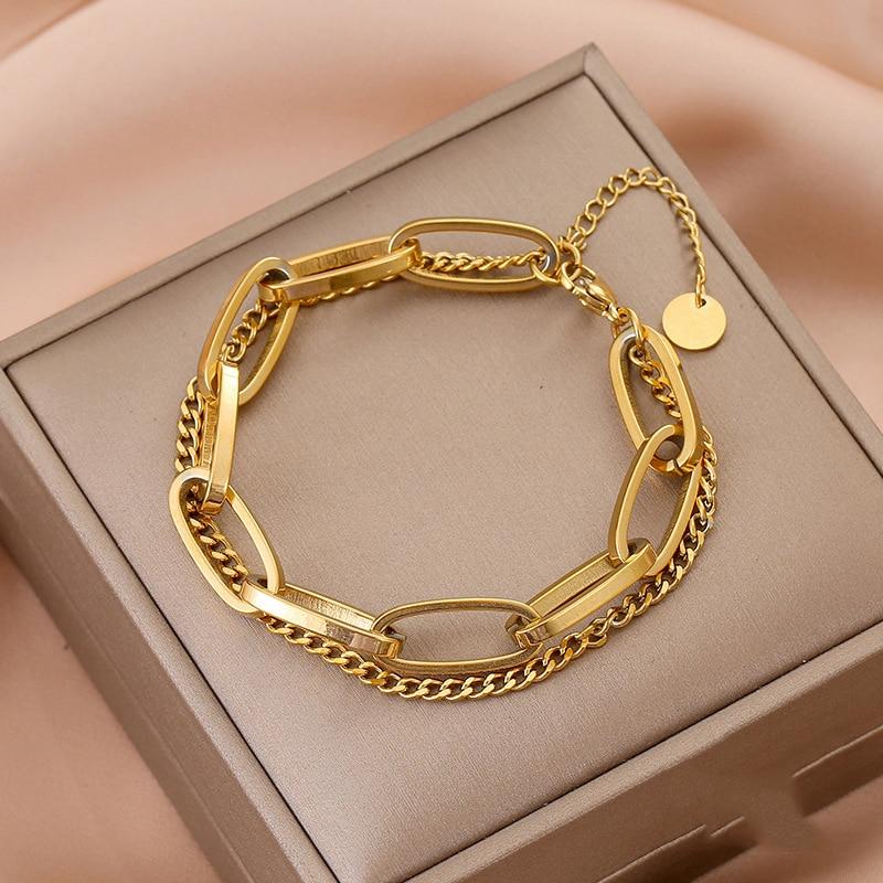 Mode Doppelschicht Edelstahl Gliederkette Armreif Für Frauen Exquisite Gold Armband Schmuck gold