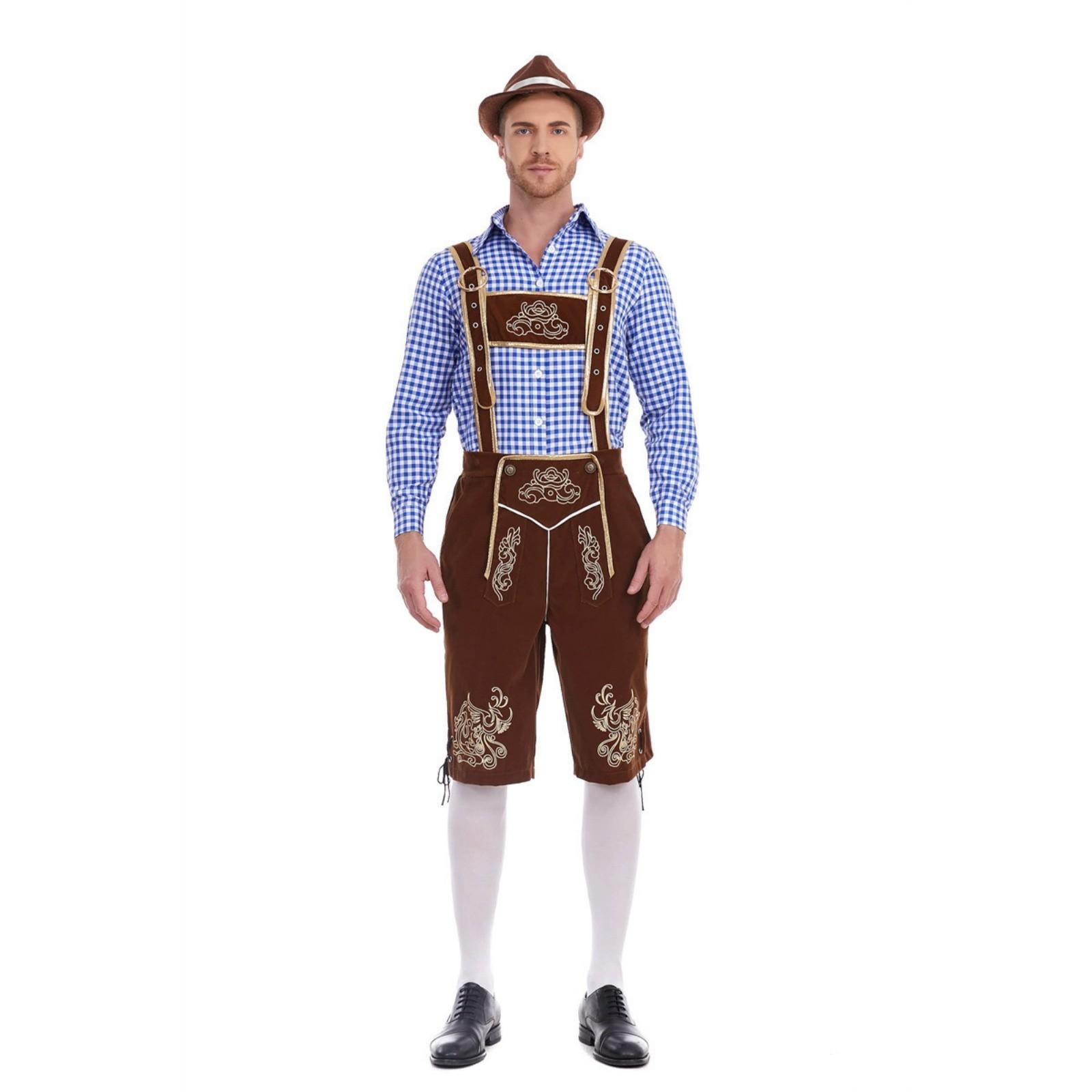 Herren Bayerische Oktoberfest Tracht - Kariertes Hemd & Hosenträgerhose Set XL kaffeebraun