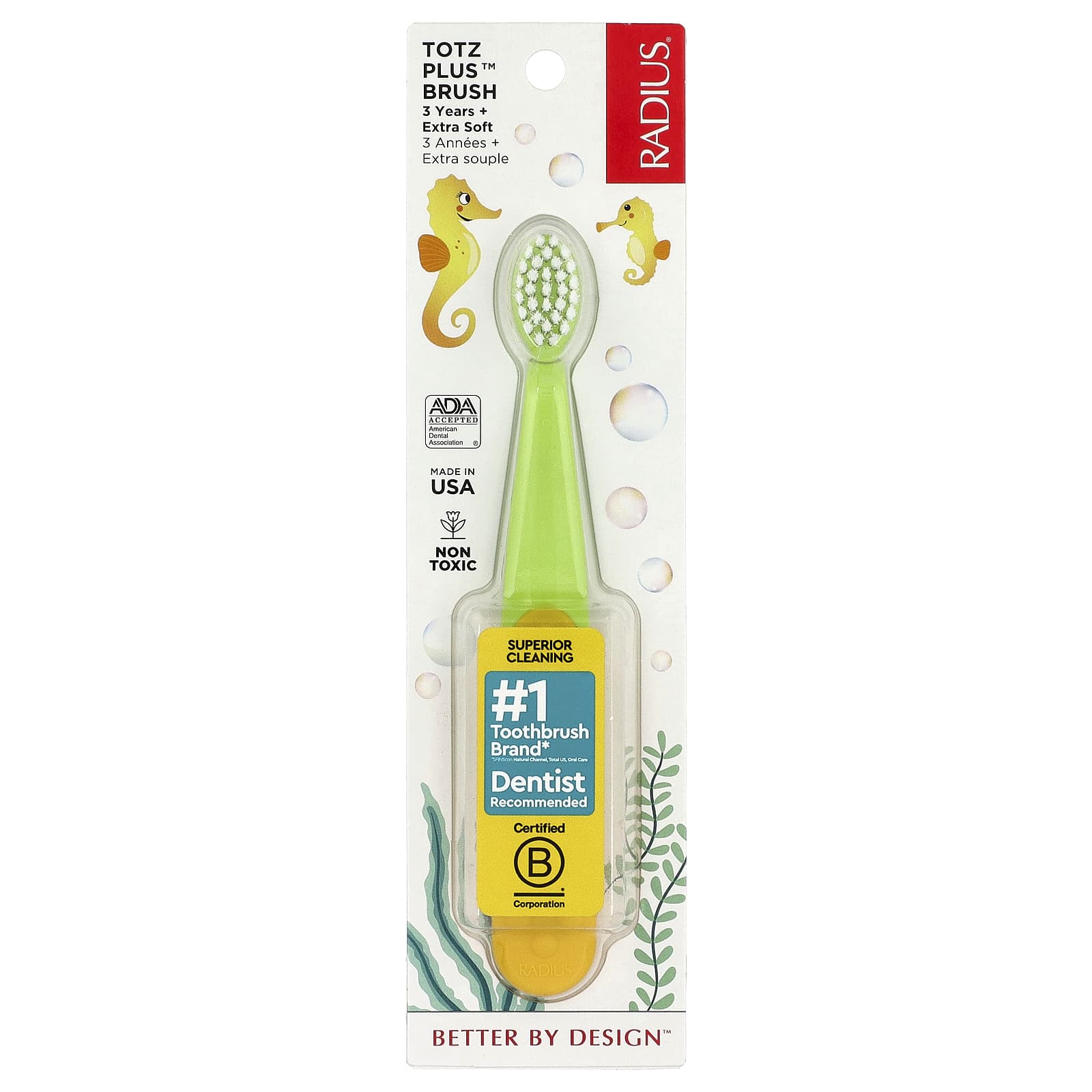 Totz Plus Zahnbürste, Ab 3 Jahren, Extra Weich, Grün/Gelb, 1 Zahnbürste
