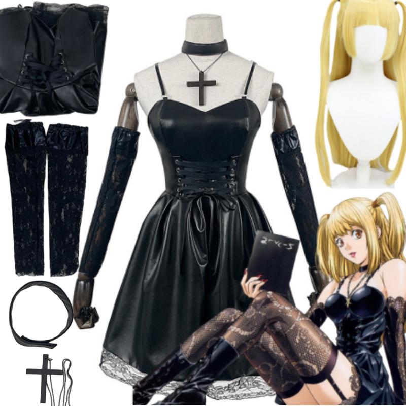 Anime Comic DEATH NOTE Cosplay Misa Amane Imitation Leder Sexy Kleid Hals Schmuck Strümpfe Uniform Outfit Halloween Perücke Neue L-(Costume+Wig)