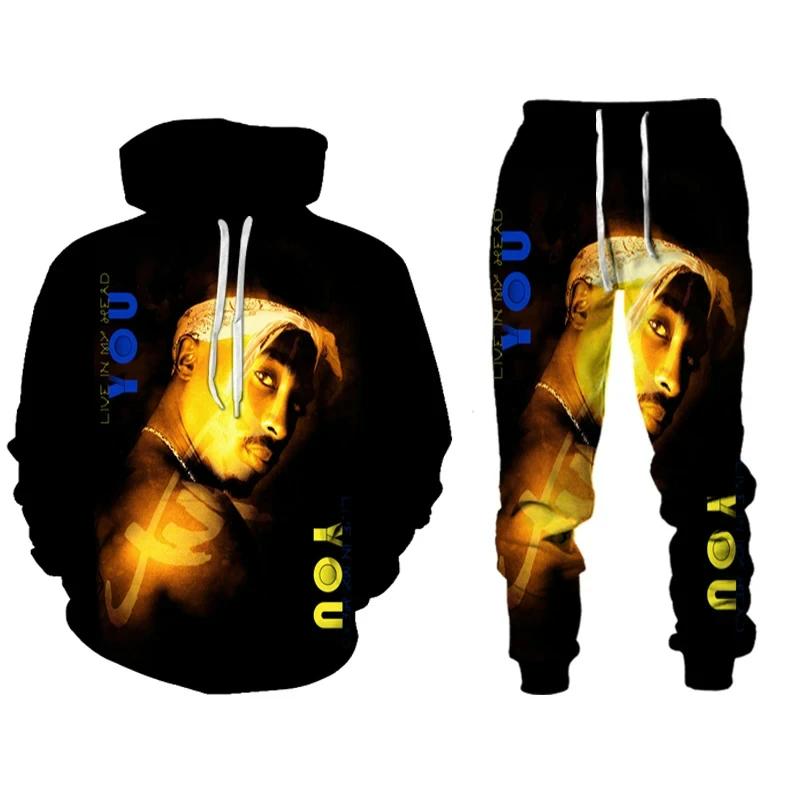 Neues Rap-Sänger 2 PAC Tupac Bedrucktes Hoodie-Hosen-Set Herren Damen Hip Hop Sudaderas Para Hombres Anzüge Street Pop Zweiteilige Sets 3XL brown