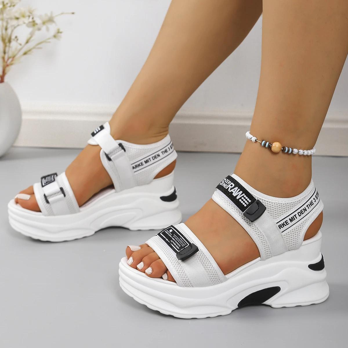 Mode Damen Plateau Keilsandalen Leichte Mode Neue Bequeme Schuhe für Damen Lässige Klettverschluss Strandsandalen Sommer Zapatos De Mujer 41 weiß