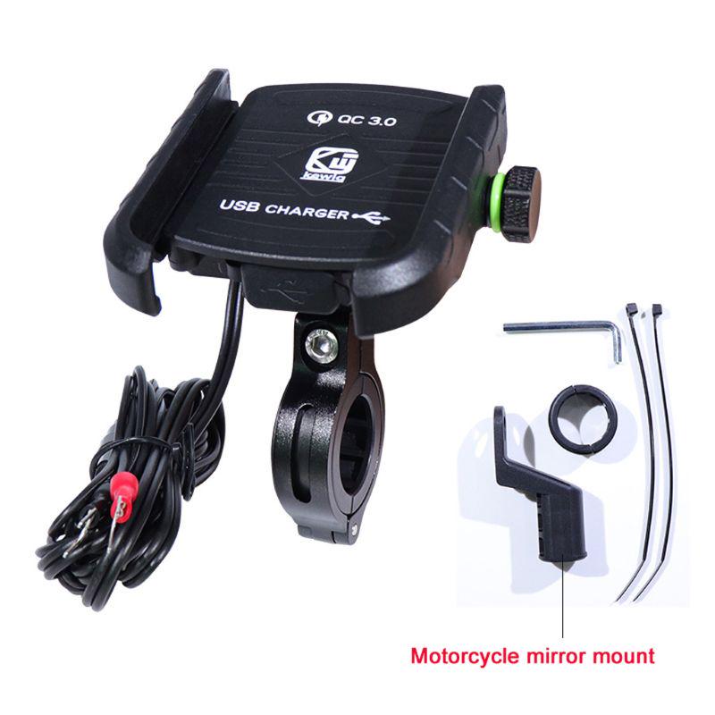 Wasserdichte Motorrad-360-Grad-Motorrad-Lenkerspiegel-Handyhalterung mit QC 3.0 USB-Ladegerät für iPhone Samsung Xiaomi Smartphone schwarz