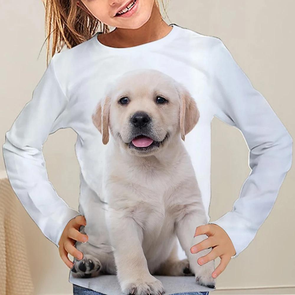 Kinderkleidung Mädchen T-Shirt Langarm Niedlich 3D Hunde Print Kinder Herbstkleidung Lässig Stilvoll Rundhals Jungen Kleidung Tops 140