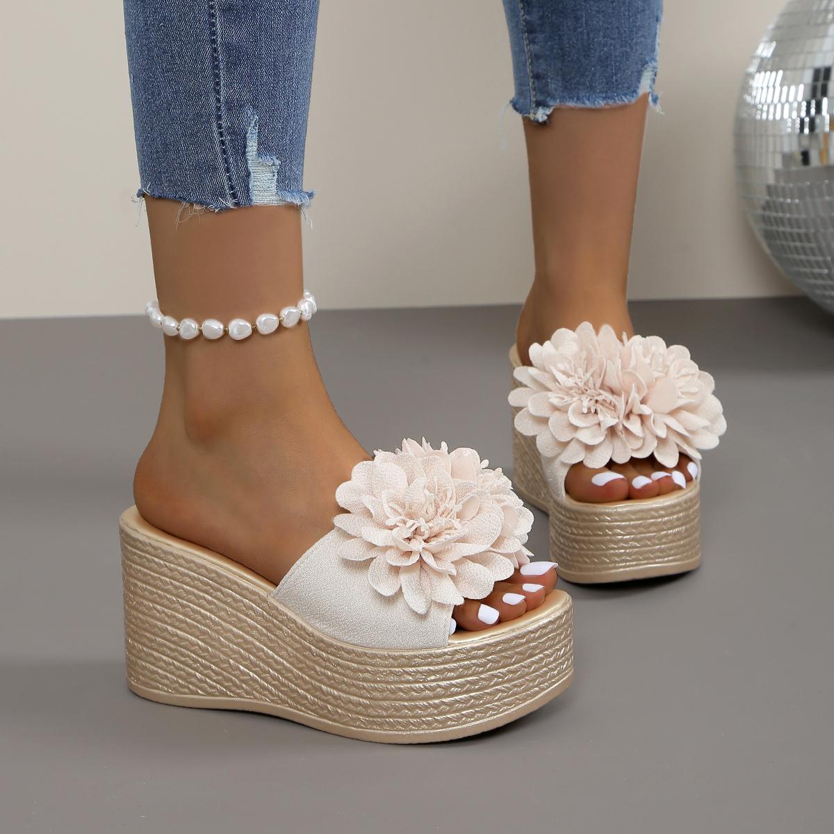 Mode Keilsandalen Damen Hausschuhe Sommer Strand Plateau Schuhe Blume Hausschuhe Damen High Heel Hausschuhe Damen Mode 36 beige