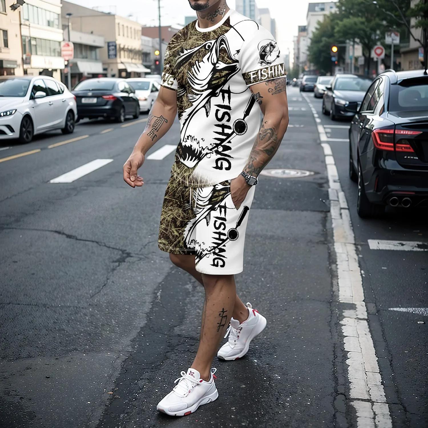 2-teiliges Sommer-Urlaubs-Outfit-Set für Herren mit Ankermuster, kurzärmliges T-Shirt mit Farbblock-Design für Herren und lässiges Shorts-Set mit Taschen XL