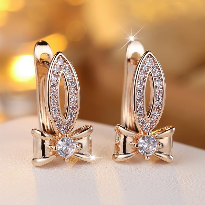 Korean Fashion Weiß Zirkon Shiny Bowknot Hoop Ohrringe Für Frauen Rose Gold Farbe Tropfen Ohrringe Luxus Partei Schmuck rose gold