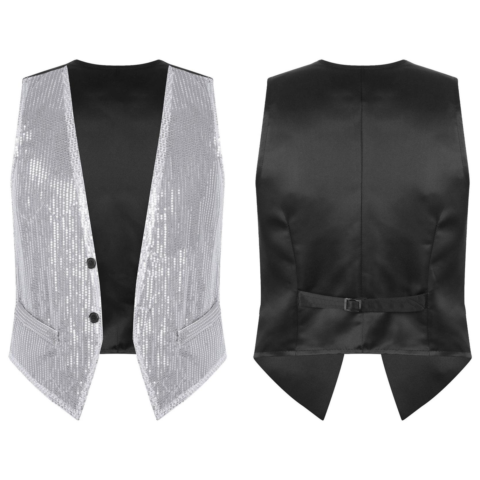 Herren Damen Glitzer Pailletten ärmellose Weste Weste Jacke Anzug Blazer Karneval Bühnenkostüm M silber