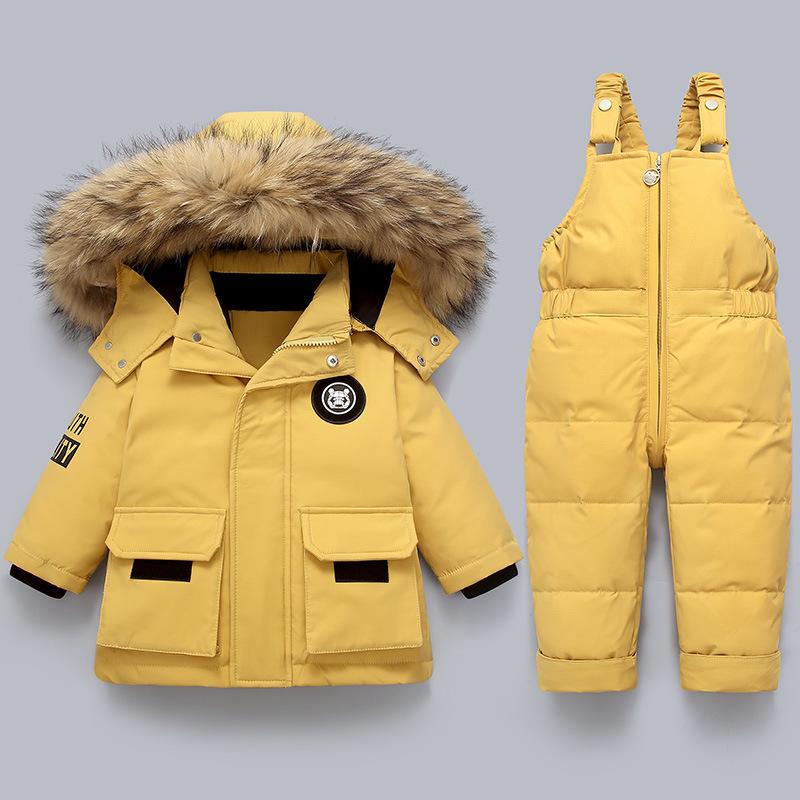 Kinder Kleidung Set 2 stücke Baby Winter Warme Daunen Jacken Jungen Verdicken Overall Infant Overalls Baby Mädchen Kleidung Kinder Schneeanzug 90(18-24M) gelb