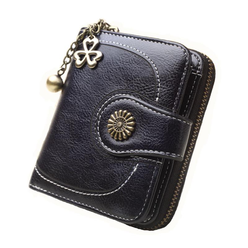 Damen Vintage Geldbörsen Gefettetes Leder Blume Damen Reißverschluss Münzgeldbörse Weibliche Kleine Clutch Geldbeutel Kreditkartenhalter Geldbörse schwarz
