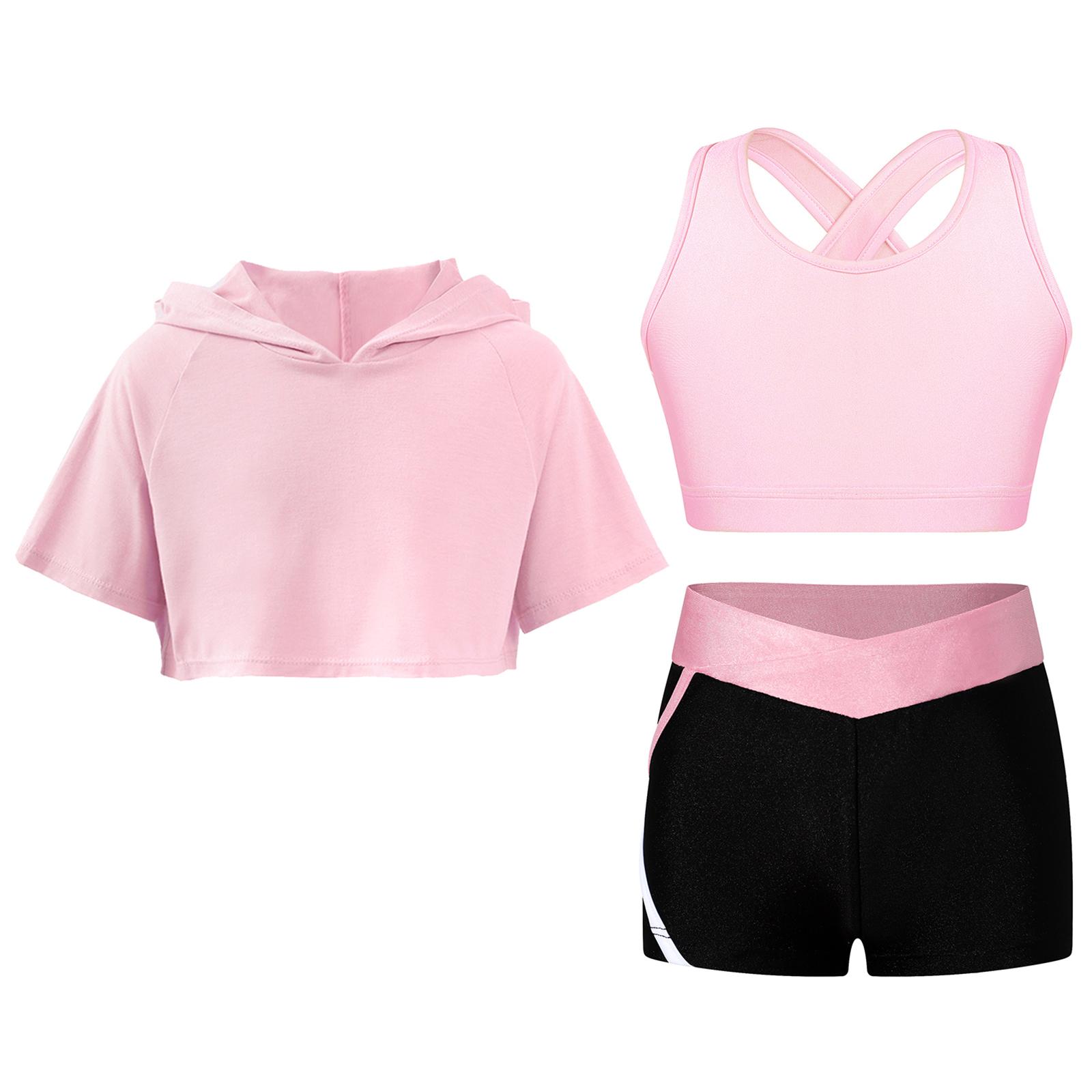 Kinder Mädchen Trainings-Gymnastik-Outfit Yoga-Sets Schlüsselloch-Rücken Weste Shorts Kurzarm Kapuzen-Crop-Top Teenager Sportliche Anzüge 13-14 Years rosa