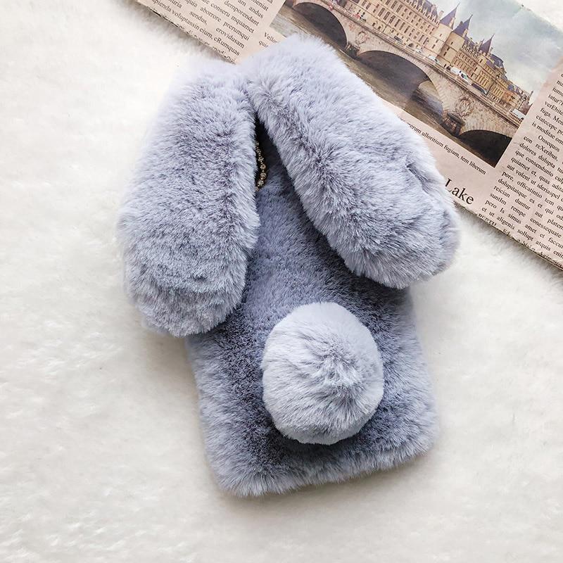 Niedliche Hasenohren Fell Plüsch Handyhülle für iPhone XS Max XR X 11 Pro Max Warme Hülle für iPhone 6 6S 7 8 Plus SE 2020 Hüllen for iPhone 6 6S Plus grau