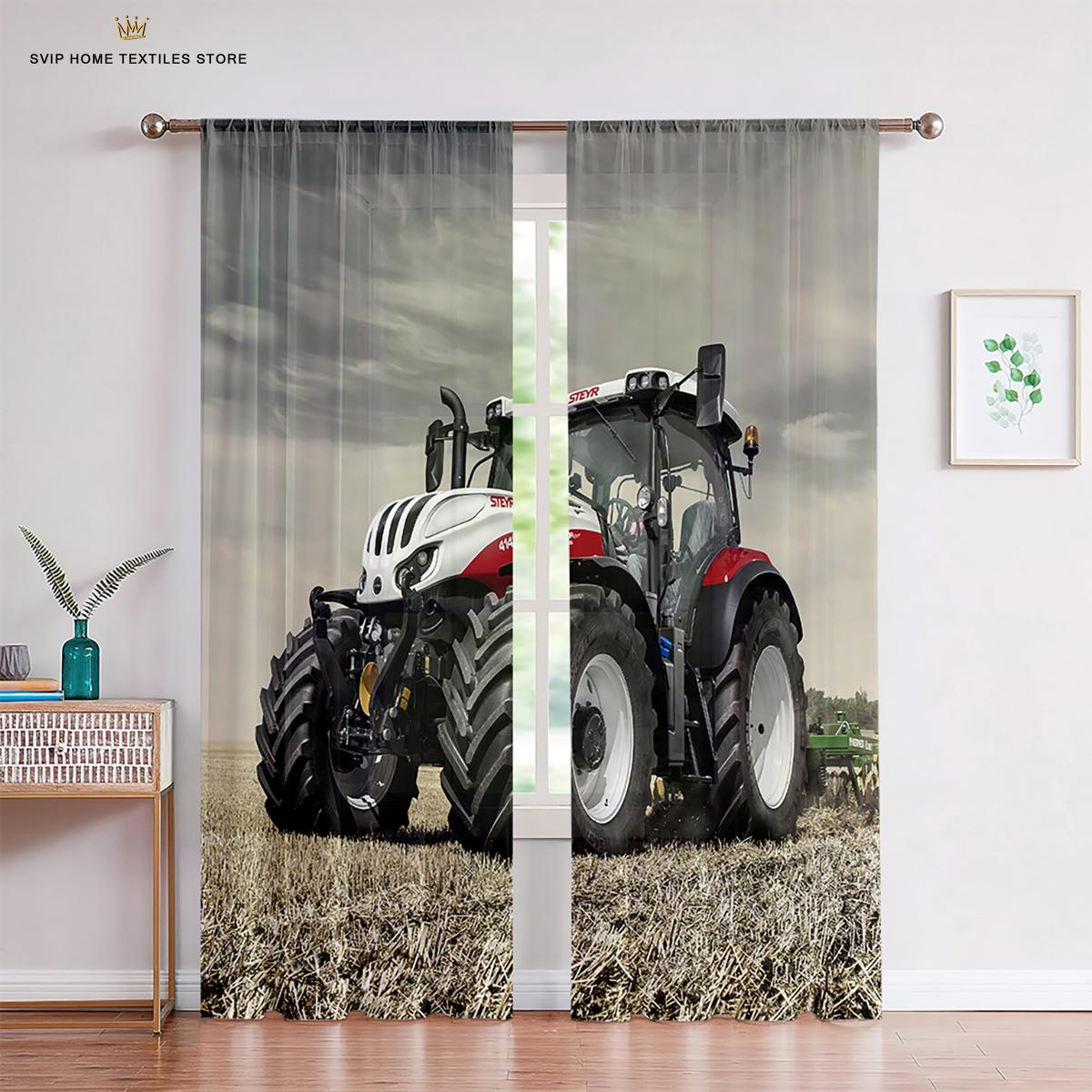 Vorhänge mit Bauernhoffahrzeugen und Traktoren für Kinder, Kinderzimmer-Dekor, Gaze-Vorhänge, 2 Stück, Wohnzimmer, Schlafzimmer, Arbeitszimmer-Dekor W100X240H(CM)X2PCS&Grommet Top