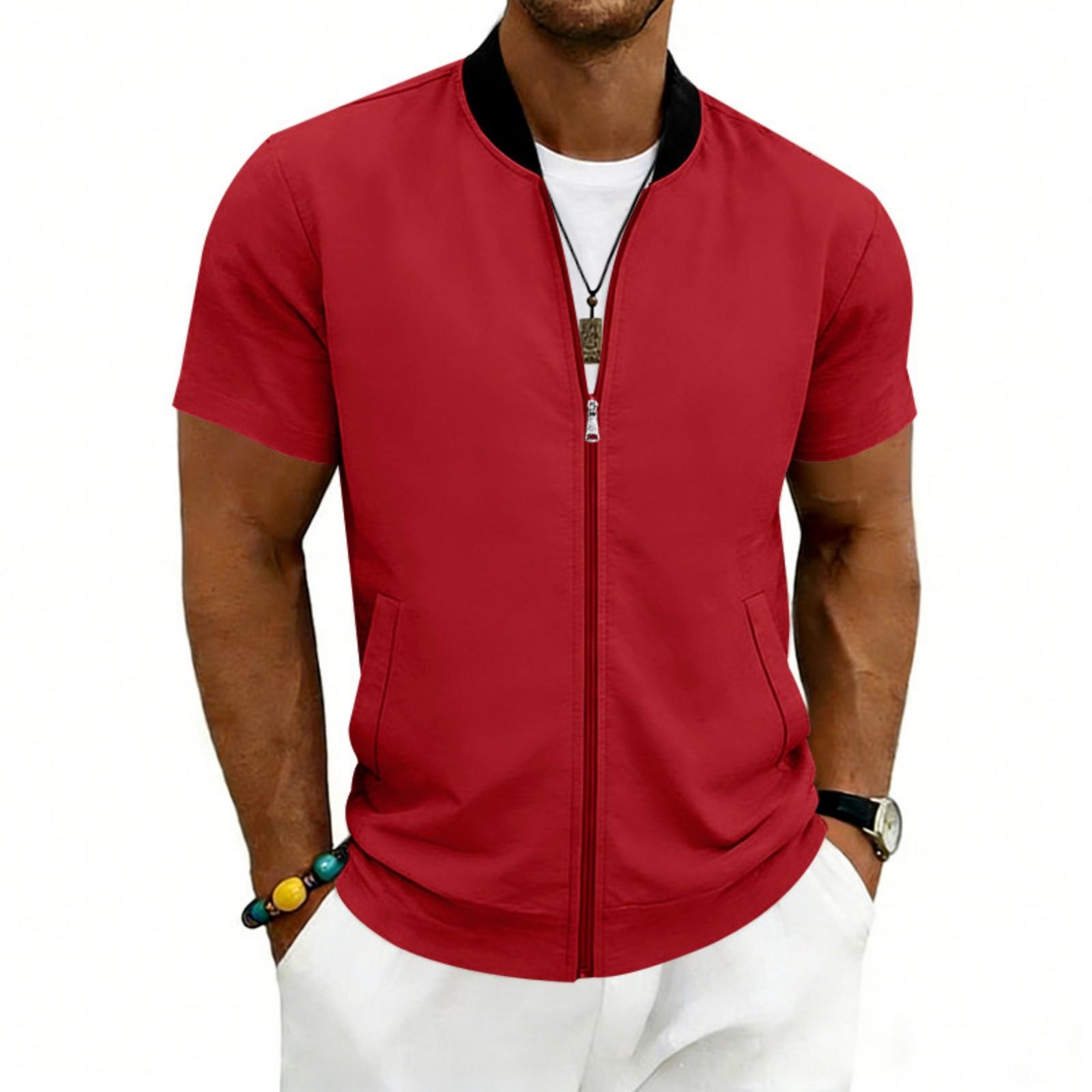 Herren Kurzarm Jacke mit Reißverschluss Lässige Leichte Sommer Jacke mit Rippkragen und Taschen XXL weinrot
