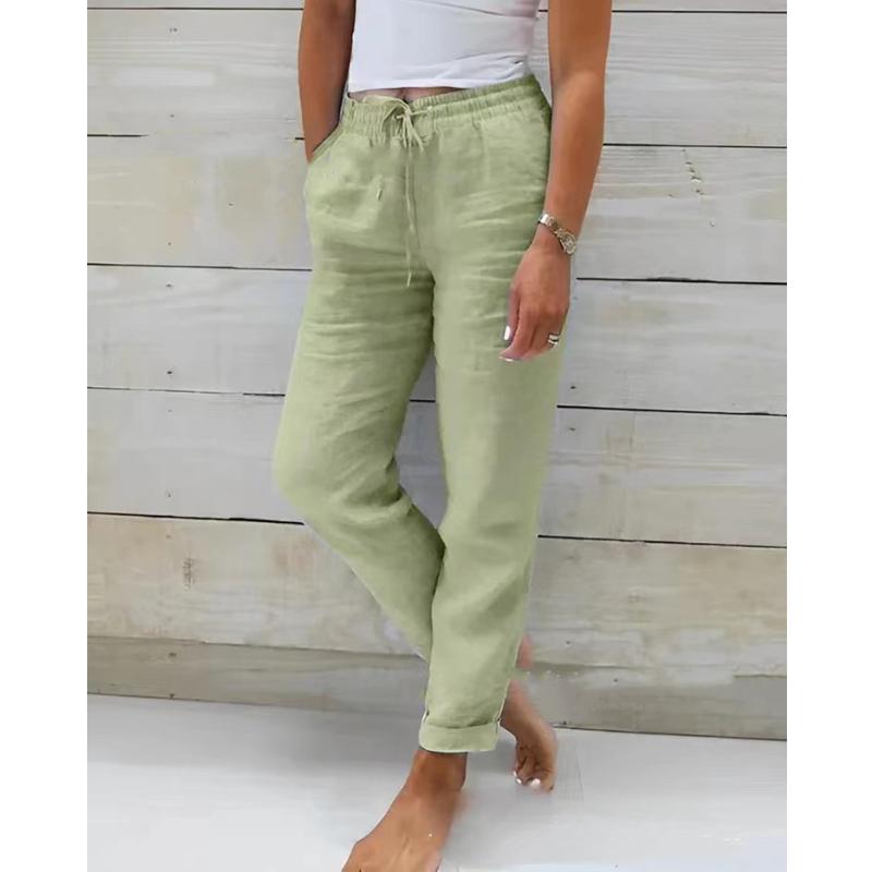 Baumwolle Leinen Sommerhose für Damen Hohe Taille Elastisch Lässige Hose Streetwear Einfarbig Damenkleidung Lockere Bleistifthose 5XL gelb-grün