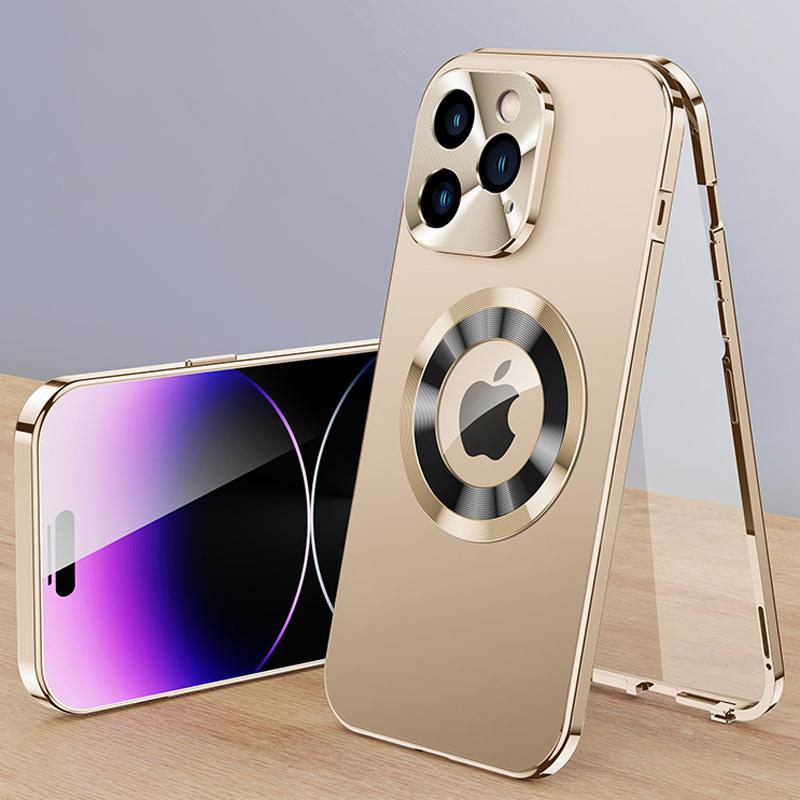 Luxuriöse Aluminiumhülle mit Aolly-Logo-Loch für iPhone 16 15 14 Plus 13 12 Pro Max Metall-Magnetlinsen-Schutzhülle für iPhone 16 Pro Max For iPhone 16 Pro Max gold