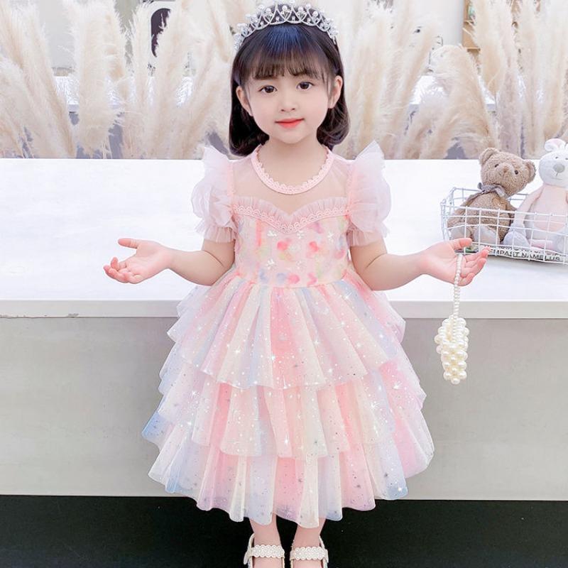 Mädchen Kleider Sommer Kurzarm Kinder Blumenmädchen Mesh Prinzessin Kleid Baby Geburtstag Puffy Kleid 150 rosa