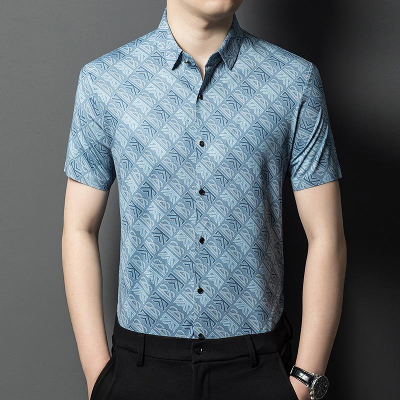 Sommer Neue Herrenmode Bedrucktes Kurzarmhemd Mittleren Alters Aus Eisseide Nahtlose Dünne Freizeithemd 4XL blau