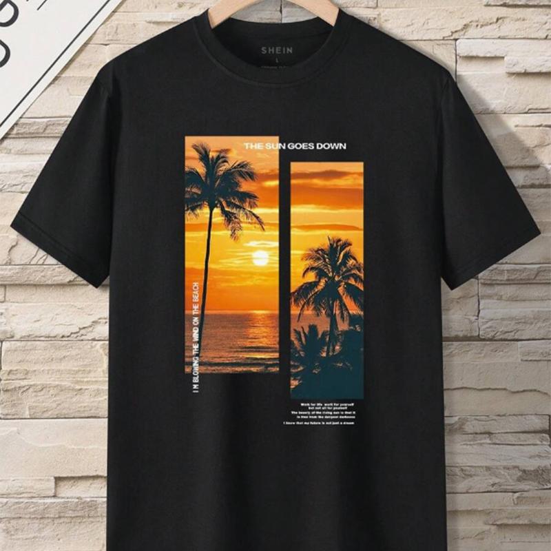 Neues Sommer-T-Shirt für Herrenmode mit Sonnenuntergangs-Kokosnussbaum-Aufdruck für Herren 4XL schwarz